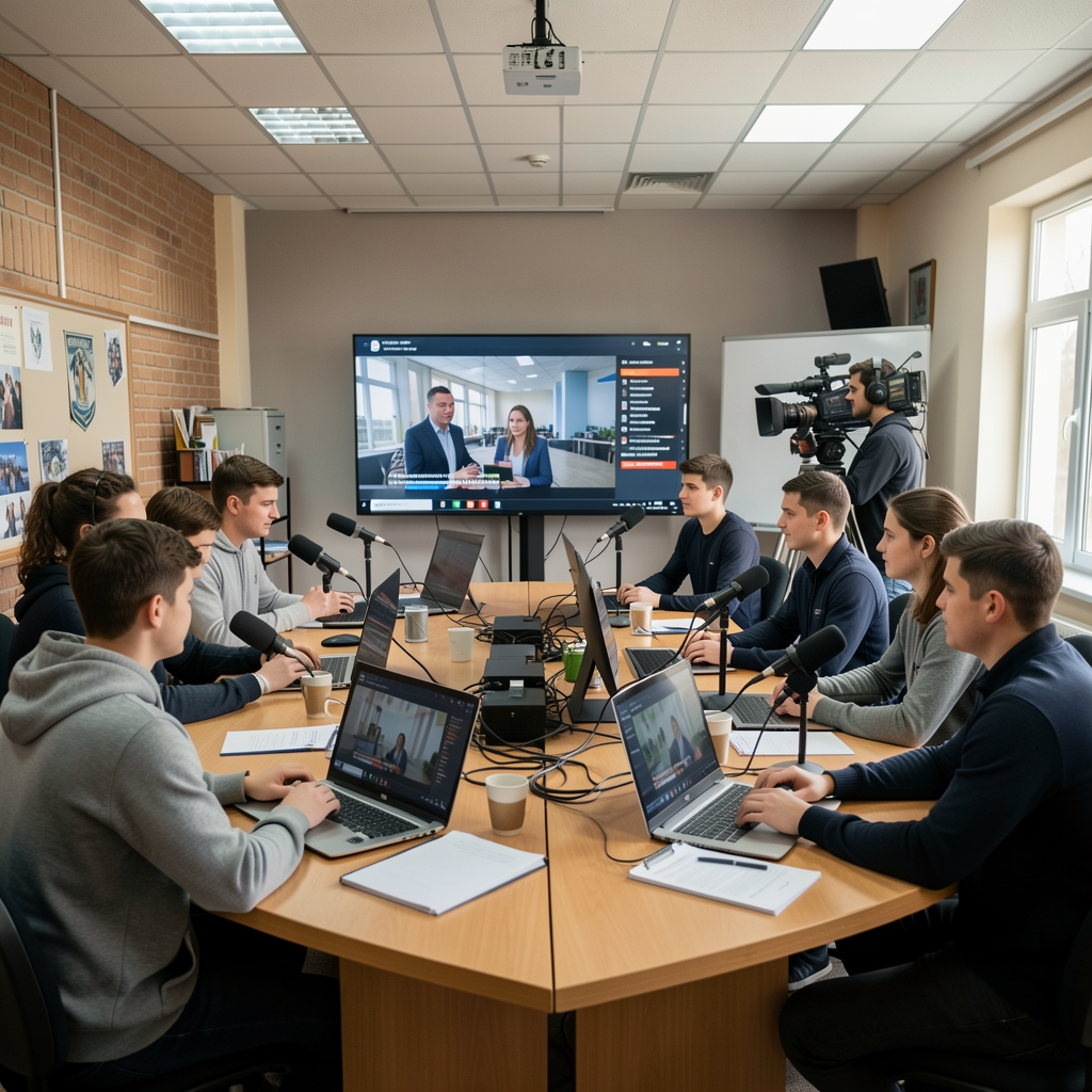 Студенческая телестудия в университете, студенты практикуются в проведении новостных трансляций